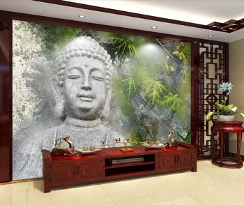 Custom sienų tapetai, 3D ranka-dažytos Budos galva ginkmedžių lapai