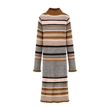 Elegantiškas Dryžuotas Rudens Žiemos Dress Derliaus Slim Moterų Megztinis Suknelė O-kaklo Moterų Megzti Suknelę Moteris Midi Džemperiai Suknelė 2019