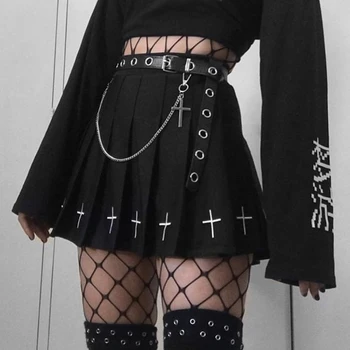Gothic Black Moterų Aukšto Juosmens Kryžiaus Spausdinimo Sudurti Plisuotas Sijonas, Goth Kolegijos Lolita Mini Sijonas Streetwear Punk Tamsiai Sijonai