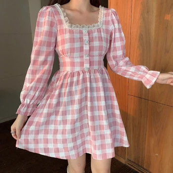 Nauja Rudens Japonijos Moterų, Mini Lolita Dress Aikštėje Apykaklė Su Nėrinių Rožinės Spalvos Pledas Duobute Blyksnius Rankovės Mielas Kawaii Moteriškos Suknelės
