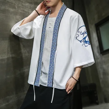 #4332 Streetwear Kimono Marškinėliai Vyrams Vasaros Harajuku Derliaus Kimono Megztinis Vyrų Derliaus Siuvinėjimo Plius Dydis 5XL Baltas Juodas