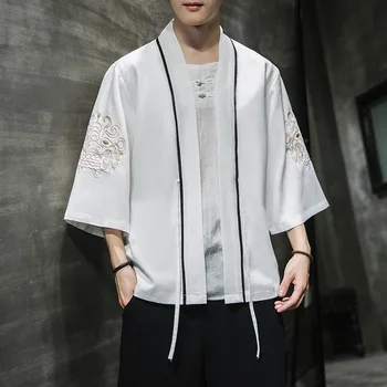 #4332 Streetwear Kimono Marškinėliai Vyrams Vasaros Harajuku Derliaus Kimono Megztinis Vyrų Derliaus Siuvinėjimo Plius Dydis 5XL Baltas Juodas