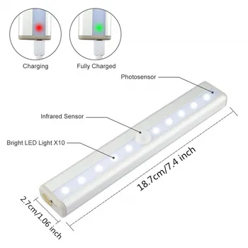 2VNT 10 LED Pagal Kabineto, Šviesos, Judesio Jutiklis Šviesos USB Įkrovimo Spinta Šviesos Klijuoti Ant bet Kur Spinta Stalčių Spinta