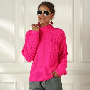 Neon Džemperis Moterims Megzti Fuchsia Pink Kietas Pusė Golfo Puloveriai Ilgai Atsitiktinis Palaidų Mezgimo Marškinėliai Moteriška Džemperiai