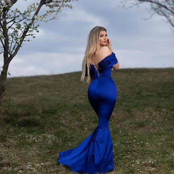 Weilinsha Elegantiškas Royal Blue Off Peties Vakare Šalies Puošnios Suknelės Klostes Undinė Ilgai Prom Chalatai Korsetas 2020 M.