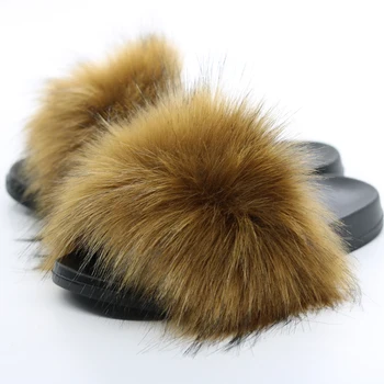 Naujas Žiemos Dirbtiniais Kailiais Šlepetės Moterims Kailiniai Slysta Purus Fox Fur Sandalai Butas Moterų Namų Šlepetės Moteris Furry Flip Flop Pliušinis Batai