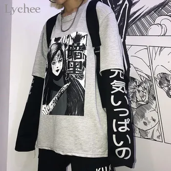 Ličiai Harajuku Japonijos Tamsiai Anime Spausdinti Moterys T-Shirt Netikrą 2 Gabalus, O-Kaklo, ilgomis Rankovėmis Atsitiktinis Palaidų Moterų marškinėliai Streetwear
