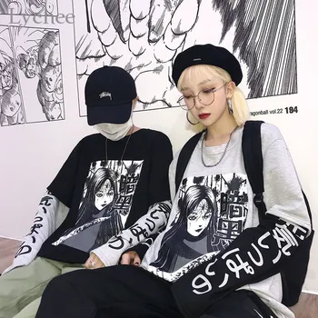 Ličiai Harajuku Japonijos Tamsiai Anime Spausdinti Moterys T-Shirt Netikrą 2 Gabalus, O-Kaklo, ilgomis Rankovėmis Atsitiktinis Palaidų Moterų marškinėliai Streetwear