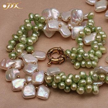 JYX Klasikinių natūralių perlų vėrinį trims 6-7mm žalia gėlo vandens ir balta žavinga pearl choker 19