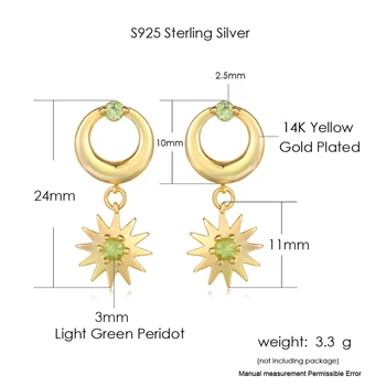 LAMOON Natūralus, Ekologiškas Olivīns Lašas Auskarai Moterims, Moon & Sun 925 Sterling Yellow Gold Padengti Fine Jewelry LMEI080
