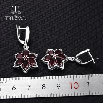 TBJ,natūralus akmuo juoda granatas papuošalų rinkinys 925 sterlingas sidabro mažų gėlių dizaino pakabukas auskarai ir žiedas fine jewelry