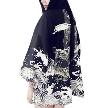 Moterų Megztinis Dragon Bangos Atspausdintas Šifono Apsaugos Nuo Saulės Kimono Marškinėliai, Viršutiniai Drabužiai