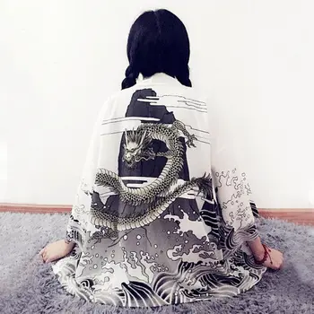 Moterų Megztinis Dragon Bangos Atspausdintas Šifono Apsaugos Nuo Saulės Kimono Marškinėliai, Viršutiniai Drabužiai