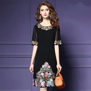 2020 metų vasaros naują ponios juodo šifono, siuvinėta suknelė temperamentas atsitiktinis boutique siuvinėjimo vidurio ilgai pokylių suknelė