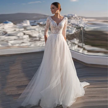 Žavingas Tiulio Valymo Traukinio Backless A-line Wedding Dresses V-kaklo Trys Ketvirtį Rankovės Aplikacijos Vestuvinės Suknelės su Beadding