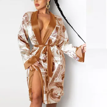 Moterų Sexy Satin Moterų Diržas Nightgowns Atsitiktinis Naujas Homewear Giliai V-kaklo Suknelės Elegantiškas Gėlių Spausdinti Sleepcoat Padalinta Šalis Suknelė