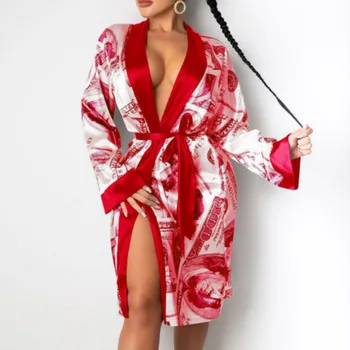 Moterų Sexy Satin Moterų Diržas Nightgowns Atsitiktinis Naujas Homewear Giliai V-kaklo Suknelės Elegantiškas Gėlių Spausdinti Sleepcoat Padalinta Šalis Suknelė