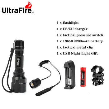 Ultrafire C8 LED Žibintuvėlis XML-T6-5 Režimas Nuotolinio Taktinis Žibintuvėlis Kempingas Lantern, Flash 18650 Žibintuvėlis Įkraunamas Akumuliatorius