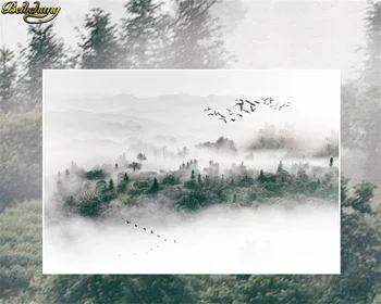 Beibehang 3d tapetai, freskos minimalistinio Šiaurės stiliaus skraidančiu paukščiu rūko pušyne debesis TV fono sienos papel de sumalti