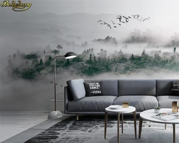 Beibehang 3d tapetai, freskos minimalistinio Šiaurės stiliaus skraidančiu paukščiu rūko pušyne debesis TV fono sienos papel de sumalti