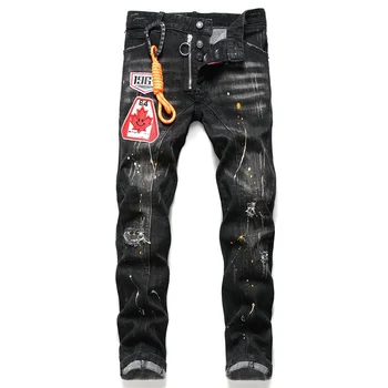 Europos Amerikietiško Stiliaus Naujas Vyrai Slim džinsai ruožas spausdinti kankina black jeans vyrams dažų kelnės sudurti streetwear hip-hop