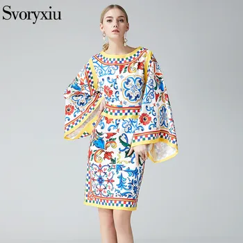 Svoryxiu 2019 kilimo ir tūpimo Tako Elegantiškas Moterų Vasaros Suknelė ilgomis Rankovėmis Chic Geometrinis Gėlių Spausdinti Slim Paketą, Sėdmenų Suknelės