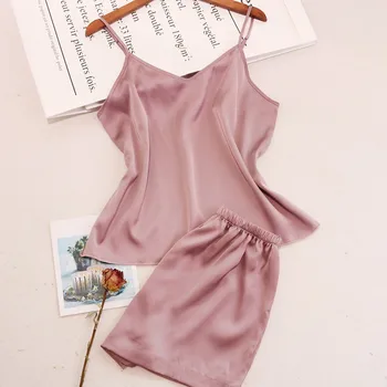 Ponios sexy šilko pižama dviejų dalių gryna spalva patogus, gražus atgal satino vasaros gaivus pagundai seksuali pižama nustatyti, F04