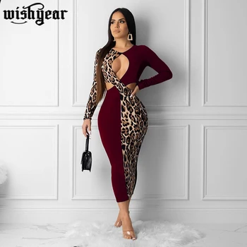 Wishyear Ilgomis Rankovėmis Iškirpti Tvarstis Suknelė Klubas Naktį Šalies Seksualus High Street Suknelės Vestidos Moterų Leopardas Spausdinti Midi Suknelė
