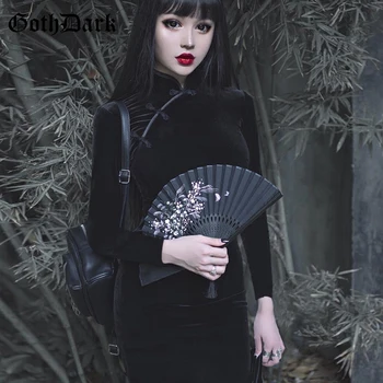 Goth Tamsiai Kietas Derliaus Gotikos Suknelės Harajuku Rudenį 2020 Kratinys Grunge Spliced Moterų Suknelė Mygtuką Ilgarankoviai Sexy