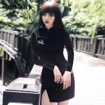 Goth Tamsiai Kietas Derliaus Gotikos Suknelės Harajuku Rudenį 2020 Kratinys Grunge Spliced Moterų Suknelė Mygtuką Ilgarankoviai Sexy
