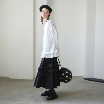 Imakokoni juoda nėrinių sijonas originalaus dizaino saldus paprastas, laisvas ilgas sijonas moterų vasaros 192611