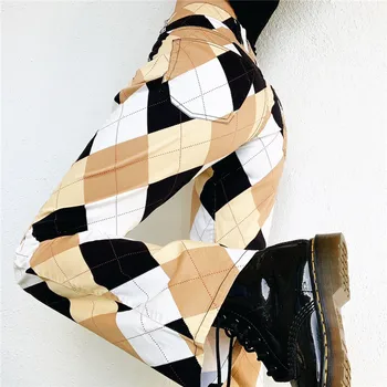 Harajuku Derliaus 90s Pledas Spausdinti Kelnės Moterims 2020 M. Rudenį Streetwear High Waisted Ilgio Tiesios Kelnės Slim Sweatpants