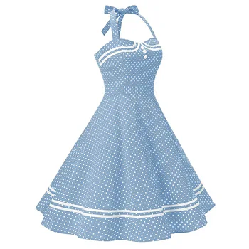 Medvilnės Mėlyna Polka Dot Apynasrio Suknelė Pin Up 50s Rockabilly Šalis Suknelės 2021 Moterų Vasaros Suknelė Sūpynės Vintage Drabužių Vestidos