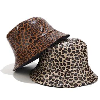 LVYI072 Naujų suaugusių moterų atsitiktinis dirbtiniais odos kibiro kepurę, Leopardas spausdinti žvejybos kepurė Panama kepurė Grįžtamasis Gorros