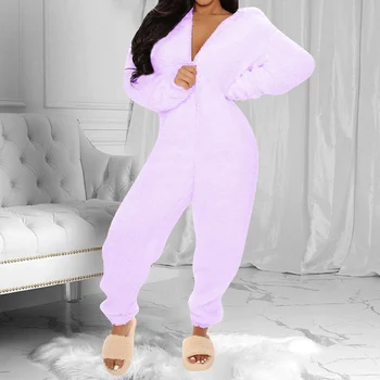 Moterų Flanelė Gobtuvu Pižama Onepiece Kietas Užtrauktukas Ilgomis Rankovėmis, Šiltas Moterų Homewear Rudens Žiemos Atsitiktinis Sleepwear