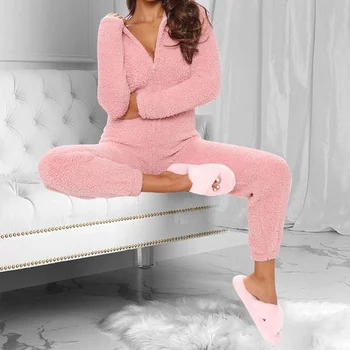 Moterų Flanelė Gobtuvu Pižama Onepiece Kietas Užtrauktukas Ilgomis Rankovėmis, Šiltas Moterų Homewear Rudens Žiemos Atsitiktinis Sleepwear