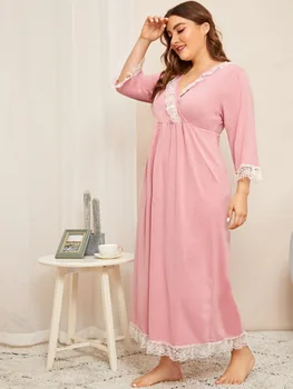 DOIB Moterų Sleepwear Moterų Nėriniai Kratinys Plius Dydžio naktiniai drabužiai Laisvi Atsitiktinis Homewear Negabaritinių Ilga Suknelė Nighgowns