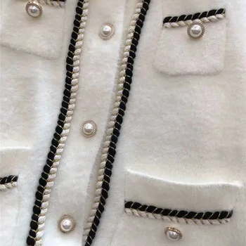 Juoda Dirbtinė Audinių, Vilnos Striukė Moterims, Elegantiškas Perlų mygtukai Derliaus ilgomis Rankovėmis Kailis Moteriškos Mados korėjos Prašmatnus viršutinių drabužių siuvimas