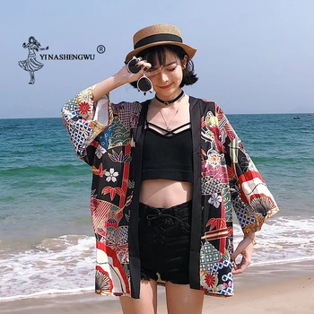 Yukata Moterų Kimono Megztinis Japonija Kimonos Azijos Drabužius Vasarą Žuvų Spausdinti Marškinėliai Viršuje Atsitiktinis Kimonos Kawaii Kimono Cosplay Kostiumas