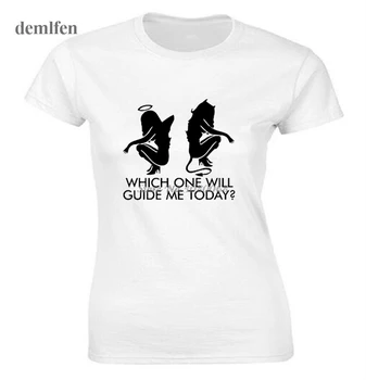 Juokinga Moterų Medvilnės marškinėliai Seksuali Angelas Ar Velnias Mergina, Kurios Vienas Vadovas Man Šiandien ? Print T-shirt Cool Mados Viršūnes Tees