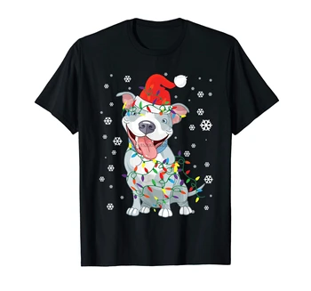 T-Shirt-vyriški T-Shirt-Black Pitbull Kalėdų Marškinėliai Santa Hat Kalėdų Žiburiai Pitbull Šuo