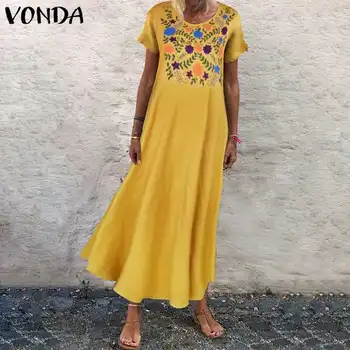 Plius Dydis Vasaros suknelės VONDA 2019 Moterų trumpomis Rankovėmis Derliaus Gėlių Spausdinti Maxi Ilgio Suknelės Bohemijos Sundress Atsitiktinis Vestidos