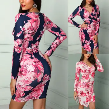 2018 Elegantiškas Moteris Seksuali Giliai V-Kaklo, Ilgomis Rankovėmis Gėlių Spausdinti Slim Mini Suknelė Pavasarį, Rudenį Atsitiktinis Streetwear Suknelės Vestidos