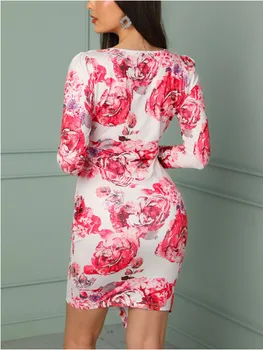 2018 Elegantiškas Moteris Seksuali Giliai V-Kaklo, Ilgomis Rankovėmis Gėlių Spausdinti Slim Mini Suknelė Pavasarį, Rudenį Atsitiktinis Streetwear Suknelės Vestidos