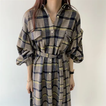 Mazefeng Naujų 2020 M. Pavasarį Moterų Suknelė Kišenės Ilgai Atsitiktinis Palaidų Derliaus Korėjos Stiliaus Pledas Žibintų Rankovės Nėrinių Suknelės