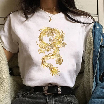 Hip-Hop Streetwear Viršūnes Moterų Marškinėliai Ulzzang Harajuku Kawaii Kinų Drakonas Print T Shirt Vasaros Negabaritinių Prarasti Ropa Mujer