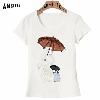 AMEITTE Vasarą Moterys T-shirt Mielas baltasis lokys, ir pingvinas skėtis laiko, Print T-Shirt Vintage Stiliaus Mergina Viršūnes Hipster Moteris Tees
