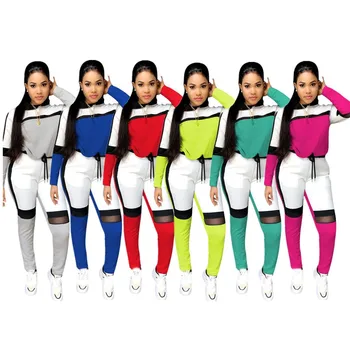 2 dalių Rinkinys Moterims Atsitiktinis Spalvų Sandūros Long Sleeve T-Shirt Ilgas Kelnes Sporto Rinkinį conjunto femenino conjuntos de mujer 2019 Naujas