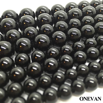 ONEVAN Natūralus Juodas Obsidianas Akmens 6-12mm Sklandžiai Apvalūs Karoliukai 