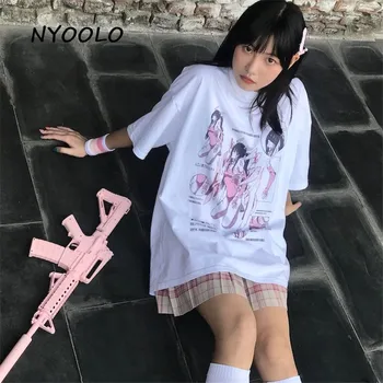 NYOOLO Harajuku stiliaus Dviejų matmenų Anime Rėmo Ginklų Mergina raidžių spausdinti trumpomis rankovėmis T-shirt moterims, O Vasarą-kaklo marškinėliai, topai